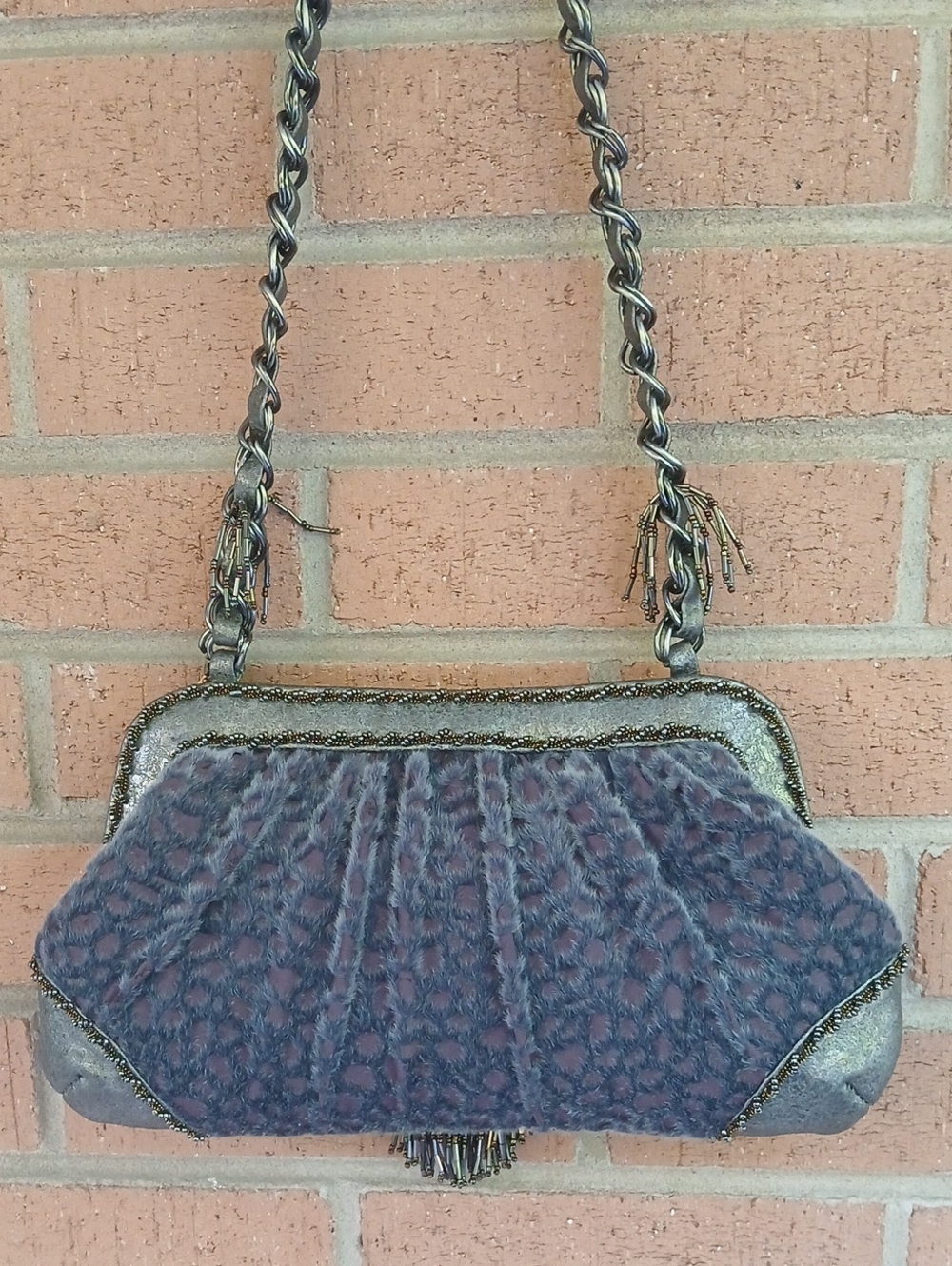 Mary Frances Gray Shoulder Bag with Gunmetal Bead Fringe - Picture 3 of 11